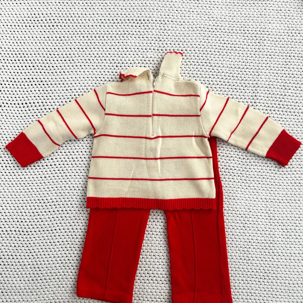 Little Angel Red Cream Two Piece Cottage Floral Knit Sweater Pants Set 2 Toddler - Picture 5 of 9
